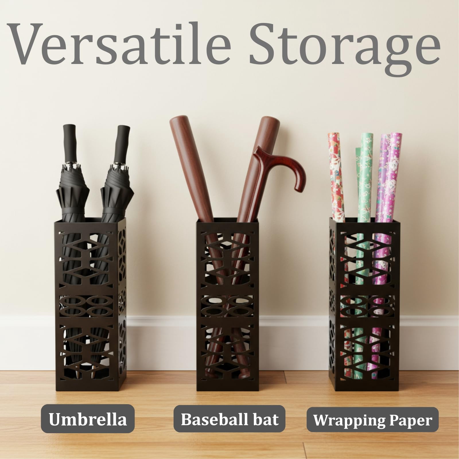 Metal Umbrella Holder Stand For Entryway  Square Organizer Walking Sticks Storage Bin Freestanding Home Office Hotel Black 5.9 X 5.9 15.7 Inches