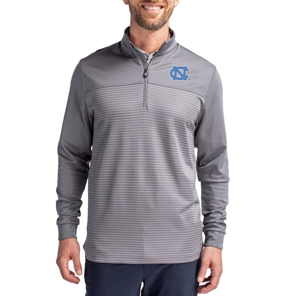 Men's-Cutter & Buck  Gray North Carolina Tar Heels Traverse Stretch Eco Stripe DryTec Tri-Blend Quarter-Zip Pullover