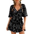 thumbnail image 1 of AIMCOO Womens Summer Short Flared Sleeve Romper V Neck Floral Print Jumpsuit Waist Tie Layer Ruffle Hem Dress Look Rompers, 1 of 7