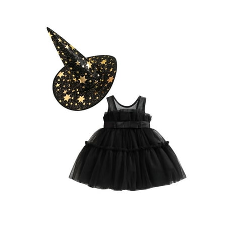 

Sunisery Girls Halloween Dress and Witch Hat Solid Color Sleeveless Ruffled Layered Princess Dress Black 2-3 Years