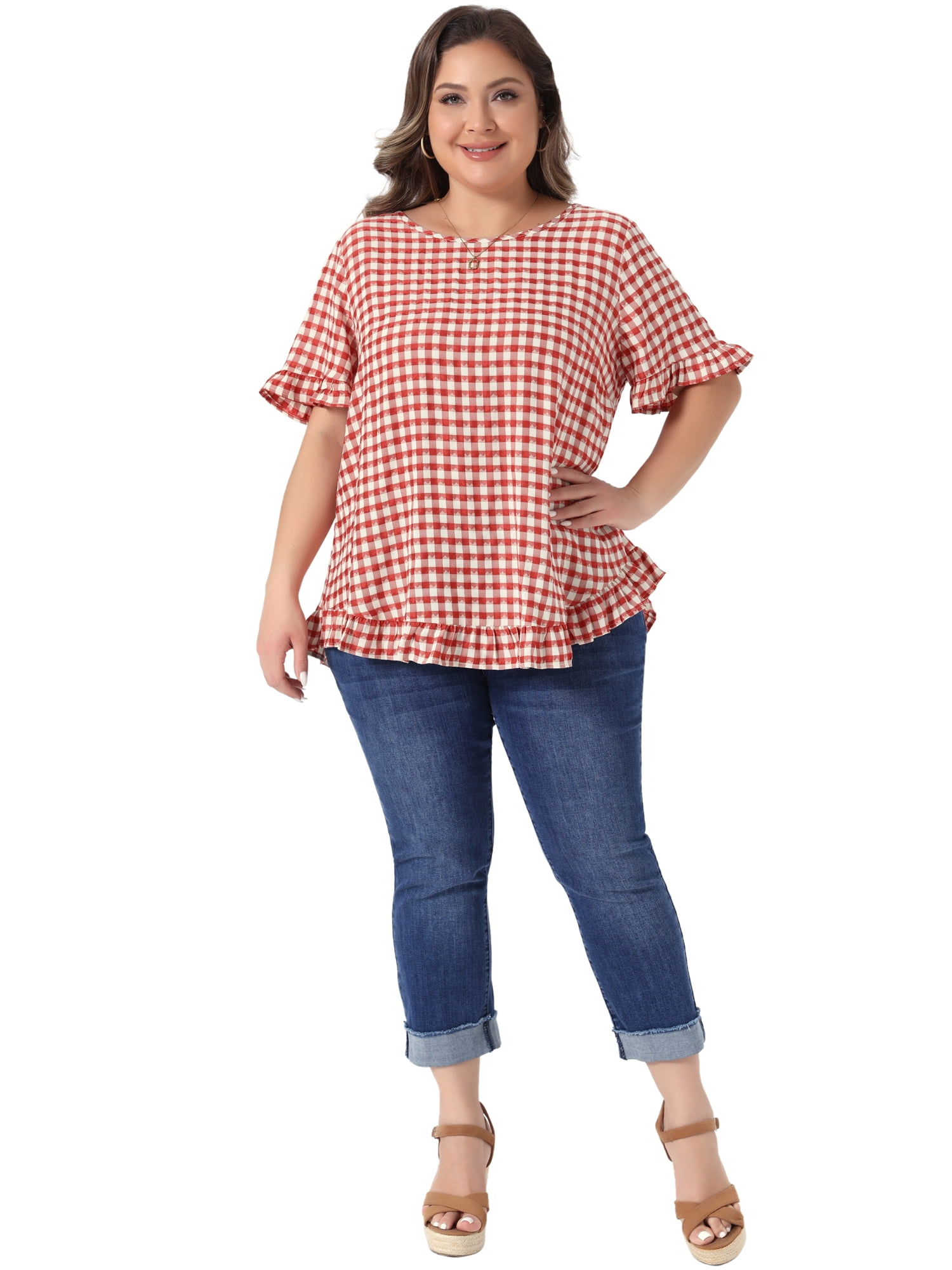 DARING DIVA Women's Plus Gingham 1950s Plaid Round Neck Tops 3X Red