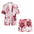 thumbnail image 4 of FKEKYI Red Hibiscus Flower Print Women's 2 Piece Set Short Sleeve Shirt & Shorts with Elastic Waist Summer Beachwear Soft Vacation Outfits Open Front Top Lounge Set, M, 4 of 7