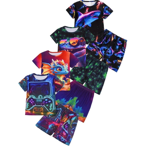 WIBACKER 3-12Y Little Boys 2-Piece Pajamas 3D Games Console Printed Short Sleeve Cool Summer PJ Set