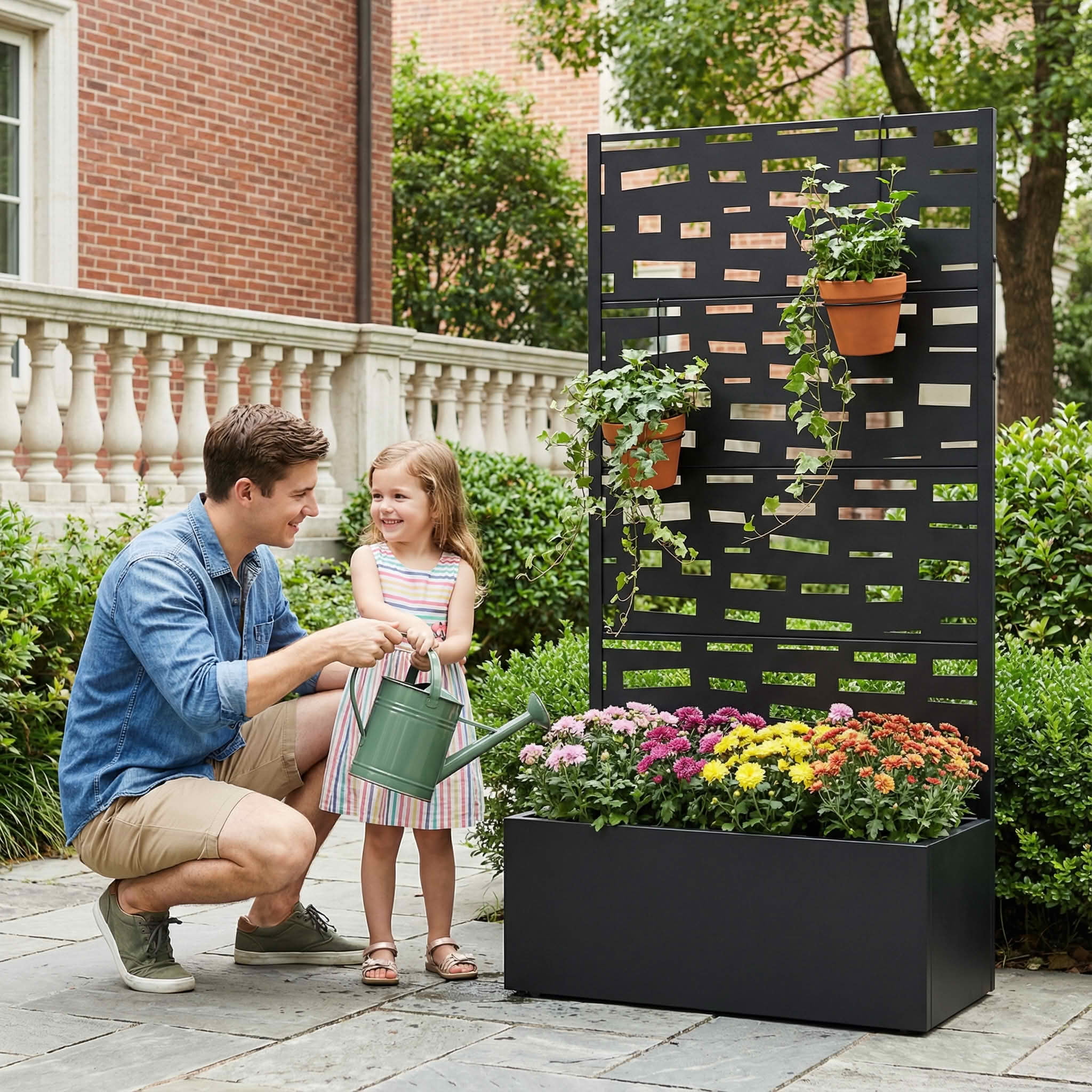 MAYEERTY 59X30" Metal Outdoor Black Privacy Screen with Planter Box for Backyard & Garden, 4 Piece Set