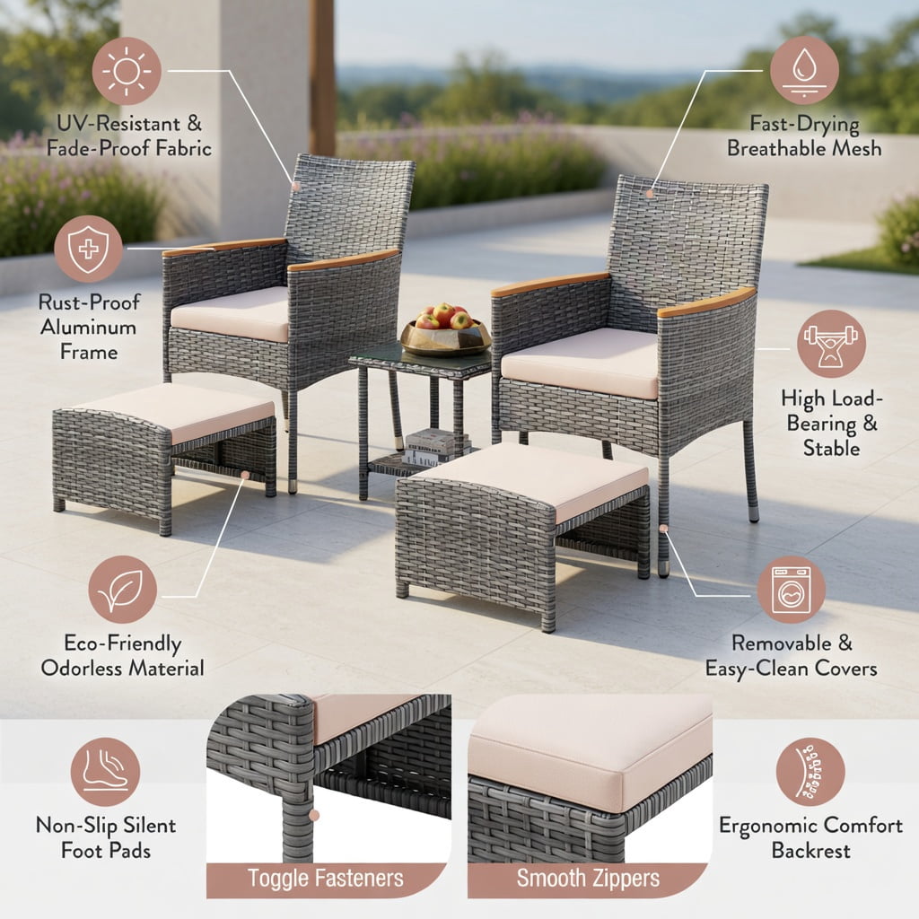 Hommoo 5-Piece Outdoor Patio Conversation Set with PE Rattan Armchairs, Ottoman Footrests & Tempered Glass Side Table, Weather-Resistant, Space-Saving, Easy-Clean Cushions, Brown