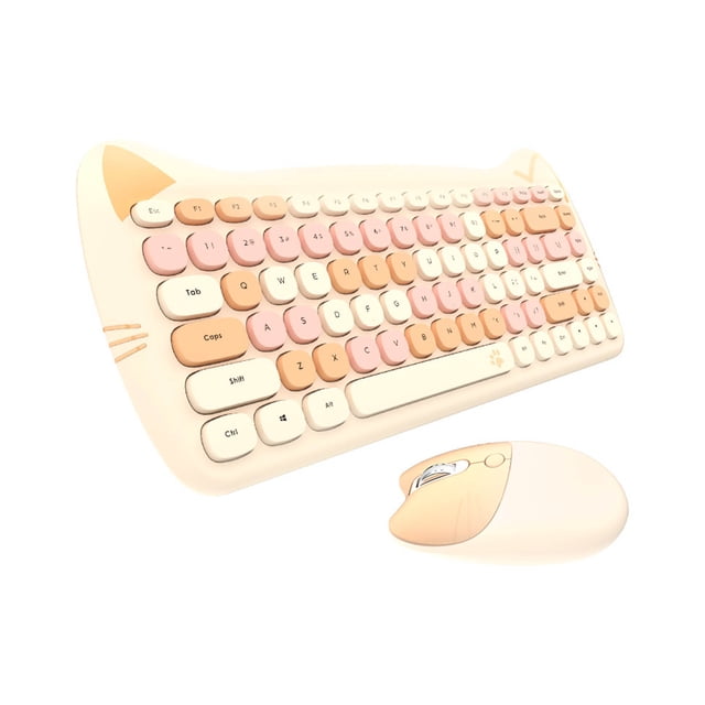 Wireless Keyboard Set Ergonomics Quick Response 2.4G Cut Cartoon Cat Computer Keyboard Mouse Comb Set for Laptop - Light Beige