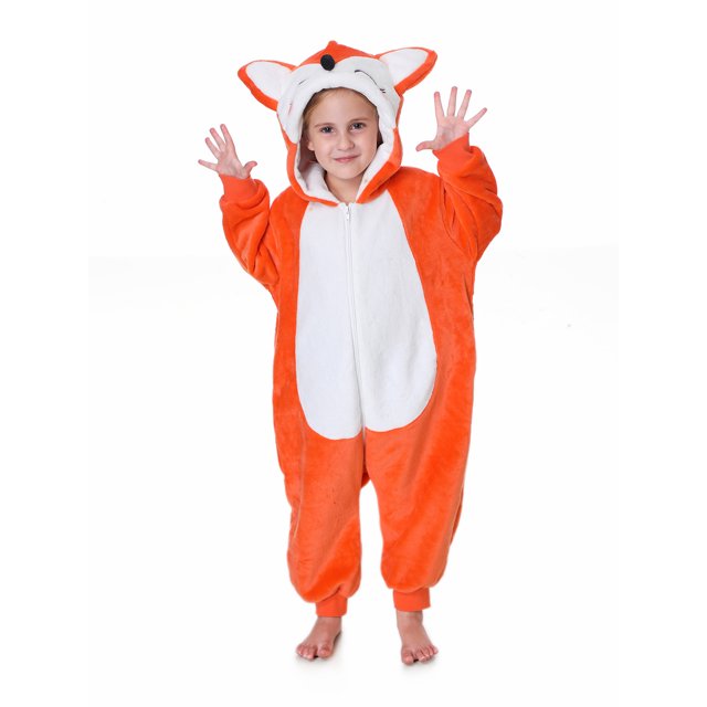 TheFound Fox Costume pour Enfants, Combinaison à Manches Longues avec Capuche et Queue, Tenue de Cosplay pour Halloween