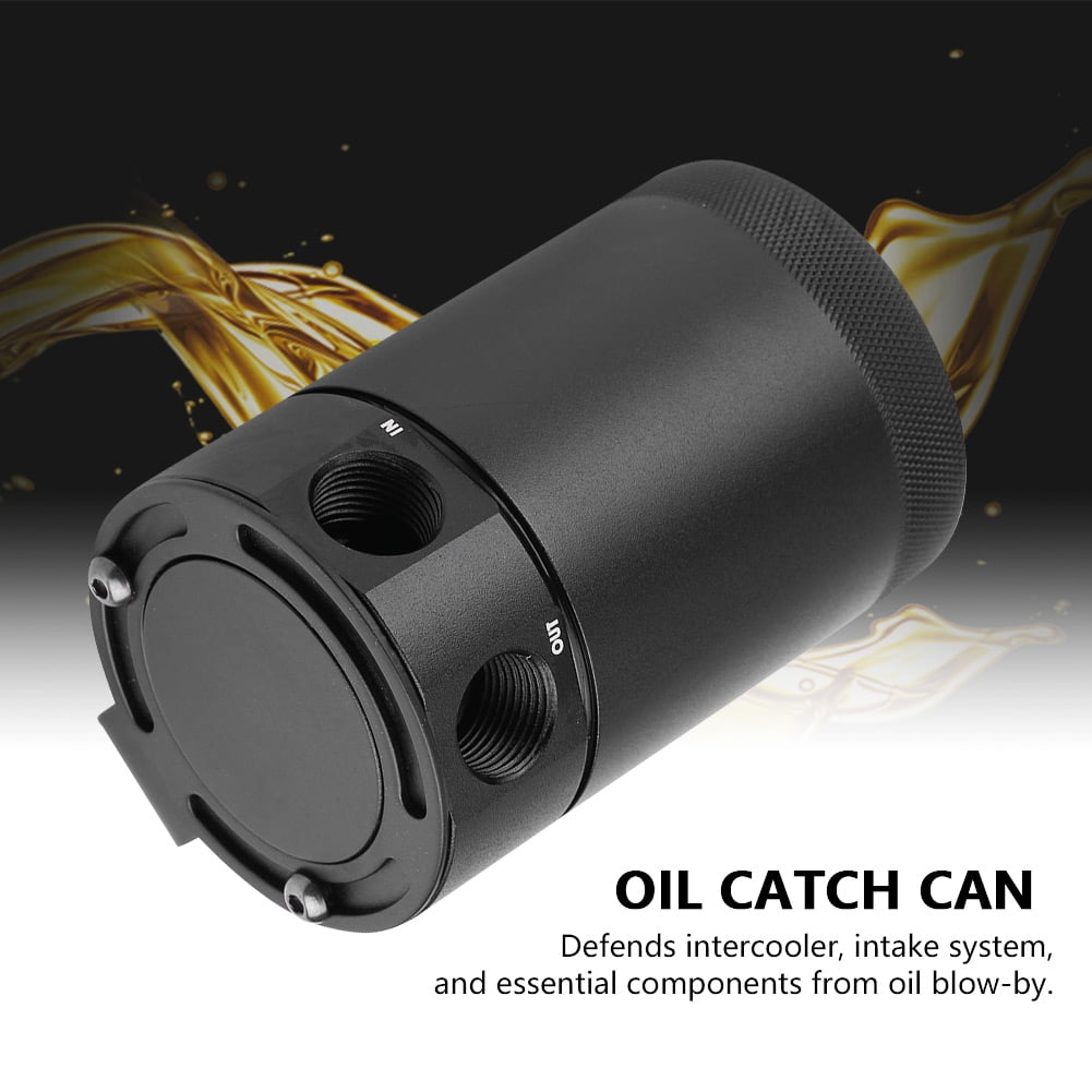Black Universal Compact Baffled 2-Port Oil Catch Can Tank Breather Reservoir Oil Catch Can 