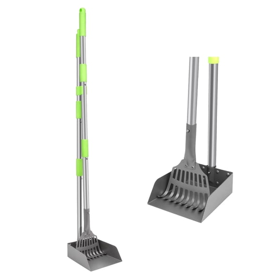 Non-Breakable Pooper Scooper, Dog Pooper Scooper Tray & Rake Set with Adjustable Stainless Steel Long Handle for Large Medium Small Dogs (Green)