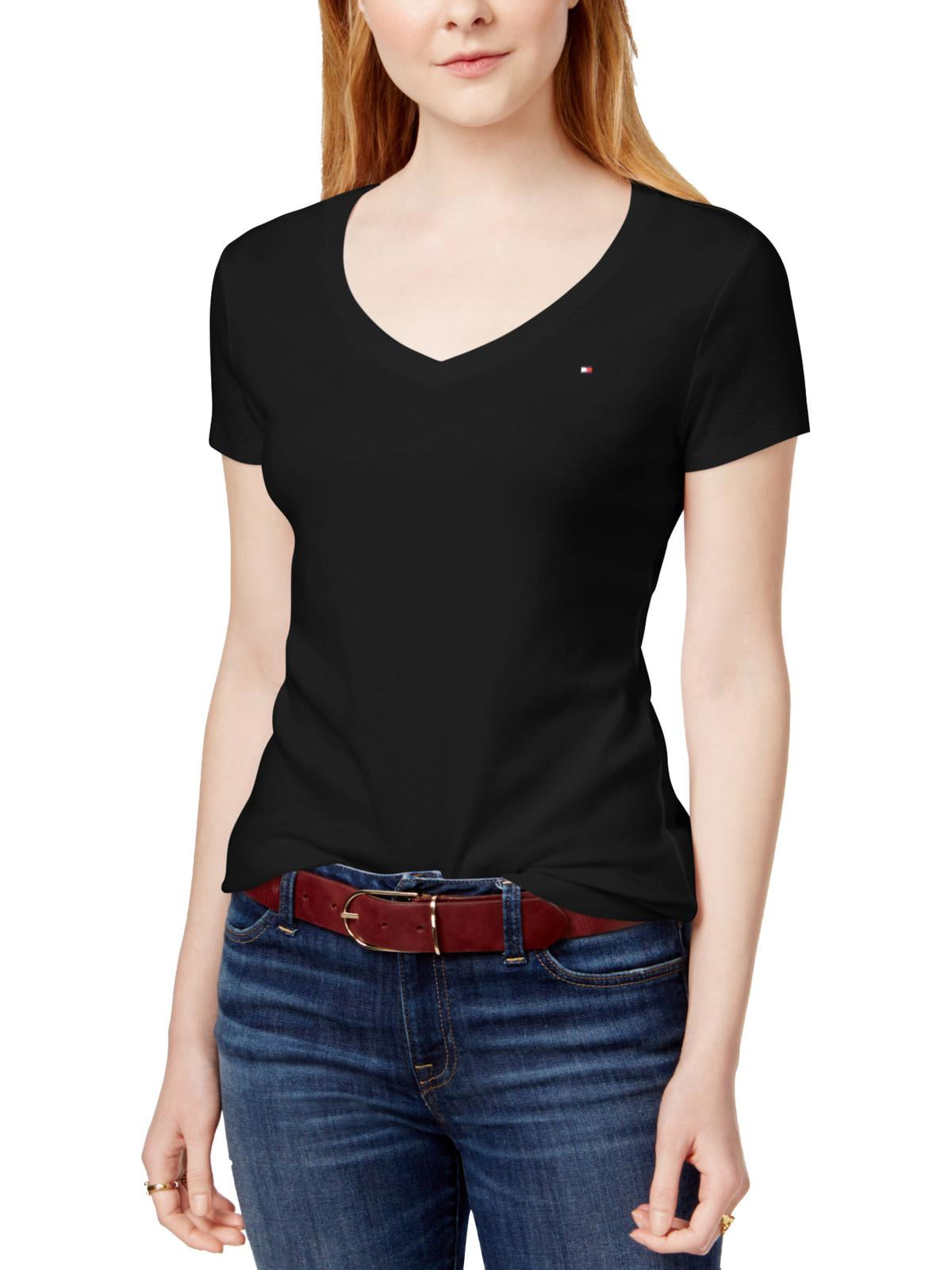 Forberedende navn Sinis ankomst Tommy Hilfiger Womens Logo V-Neck T-Shirt Black XL - Walmart.com