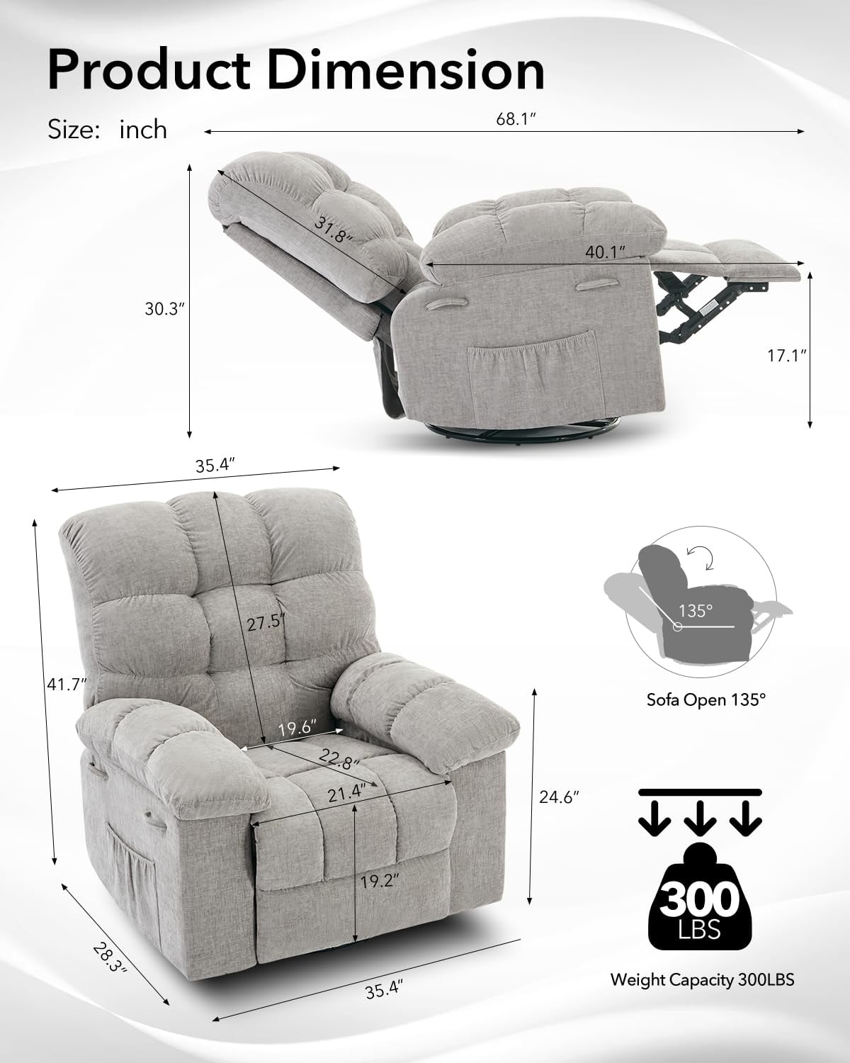 Swivel Rocking Recliner Chair, 360° Swivel 135° Tilt Glider Nursery Chair with Extra Large Footrest, Chenille Upholstery Q235 Steel Frame High Back Deep Seat for Living Room Bedroom Small Spaces