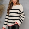 thumbnail image 2 of Suéter De Punto A Rayas para Mujer, Cuello Redondo, Hombros Caídos, Suelto, Informal, Otoño Invierno, Jersey, Tops para El Hogar, Calle, Oficina, Albaricoque S, 2 of 7