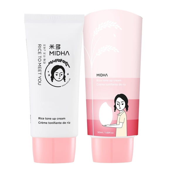 MIDHA Rice Tone Up Cream - crema iluminadora y tonificante al instante 70% agua de salvado de arroz natural instantánea de imperfecciones de la piel Vegano