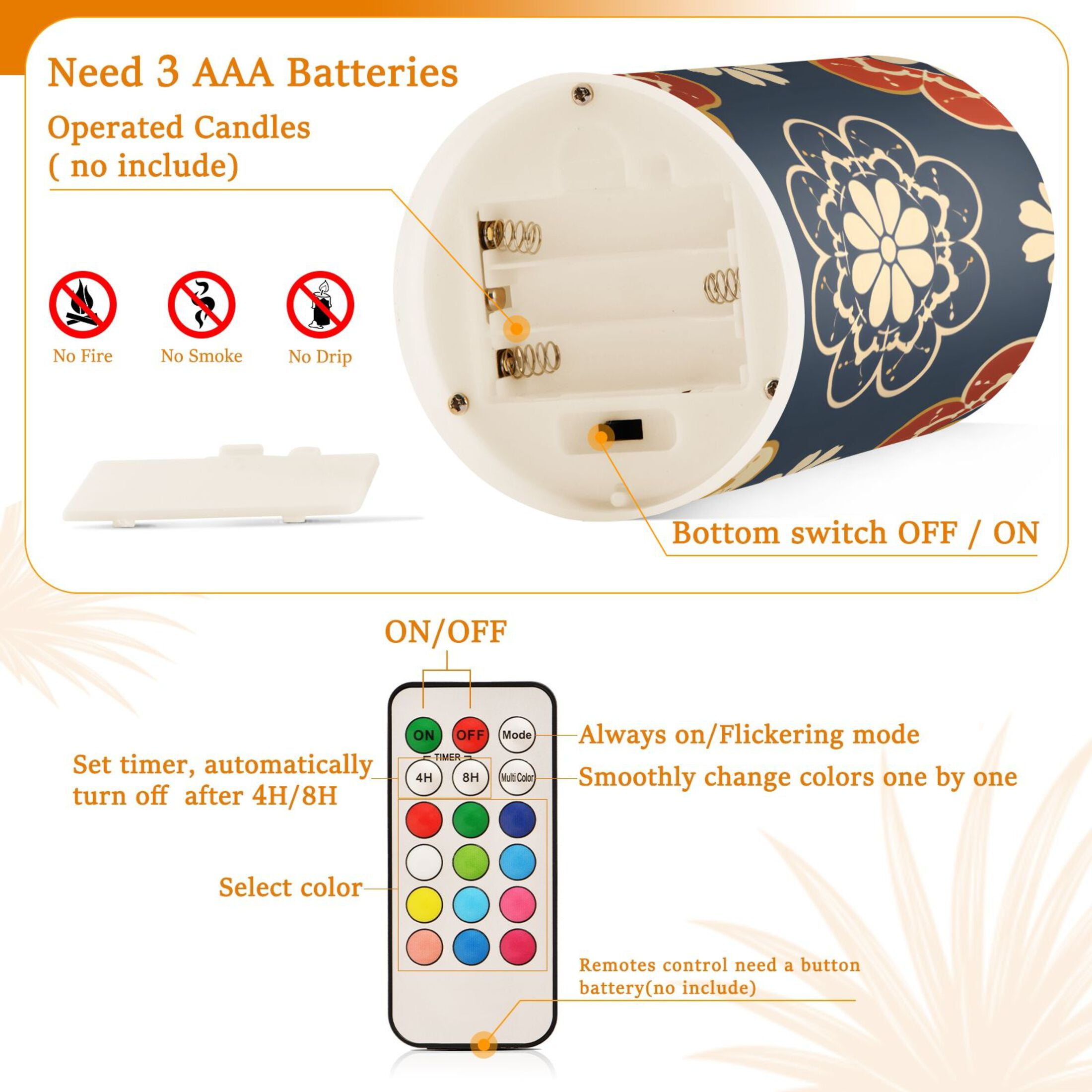 Elegant Symmetrical Flower Flickering Flameless LED Candles set of 2 Battery Operated 18-Key Remotes Timer Halloween Fall Decor D3''xH4''5''