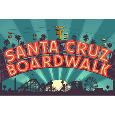 Santa Cruz, California - Beach Boardwalk Sign at Night Print Wall Art By Lantern