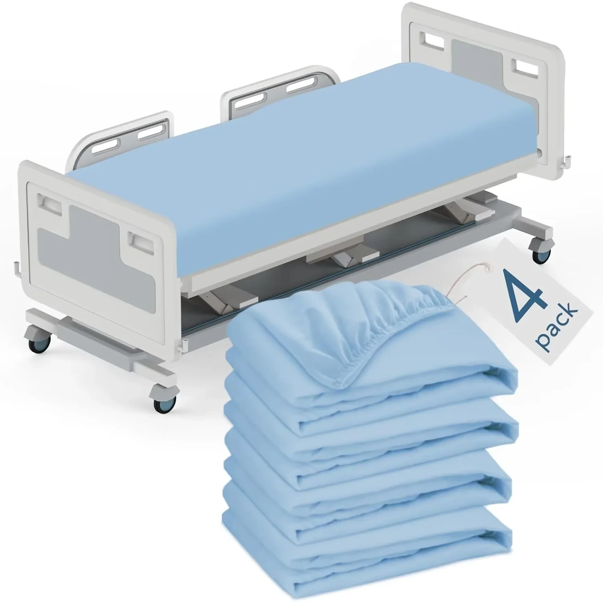 Hospital Bed Sheets Fitted 36" x 84" x 9", 4 Pack Blue Hospital Bed Sheets for Home & Hospital Care Beds, Soft Hospital Sheets with Elastic All Around