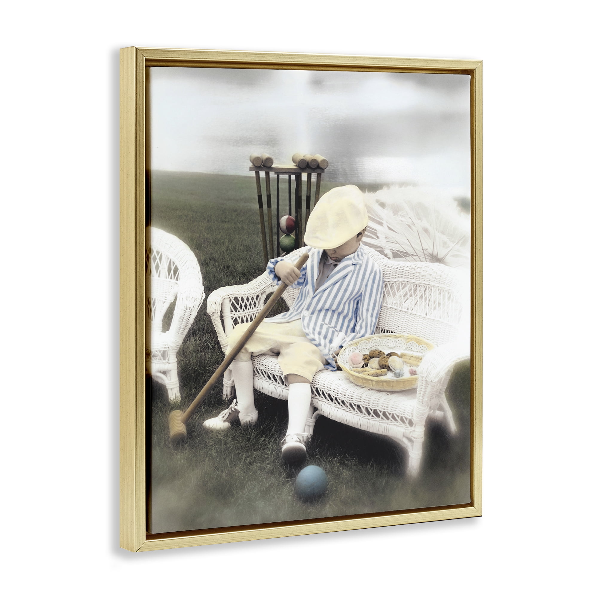 Stupell Industries Child with Croquet Mallet Gold Framed Floater Canvas Wall Art, design by Kendra Dew