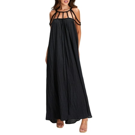 Women s Summer Beach Maxi Dress Swimsuit Cover Up Sleeveless Spaghetti Strap Hollow Out Long Dress Off Shoulder Bikini Coverup Dress