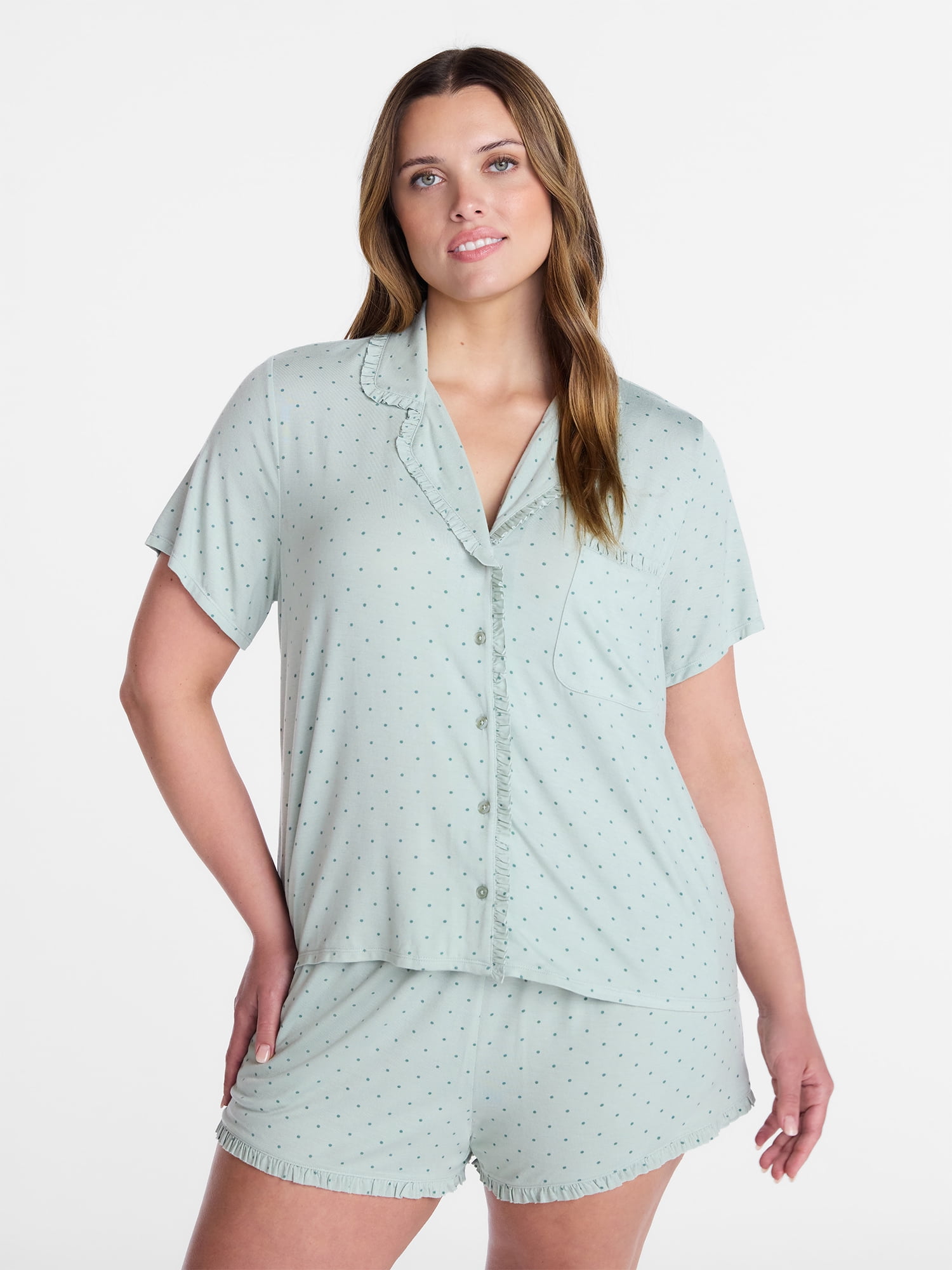 Joyspun Women’s Modal-Blend Ruffle Trim Notch Collar Top and Shorts Pajama Set, 2 Piece, Sizes XS-3X