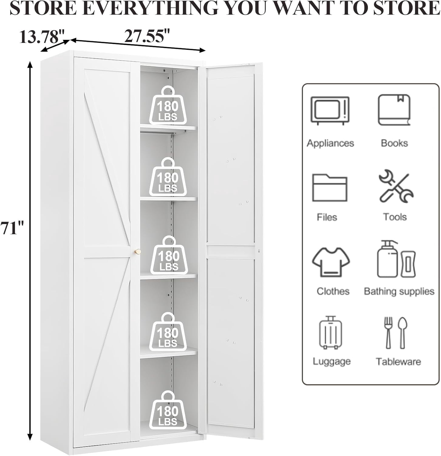 Howcool 71" 2-Door Steel Storage Cabinet with Adjustable Shelves for Kitchen Living Room Office, White
