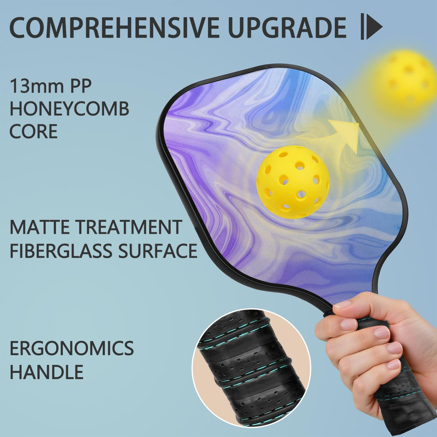 Pickleball Paddles Set Of 1, Fiberglass Surface, Liquid & Marble Print, 1 Paddles, 2 Balls & Bag