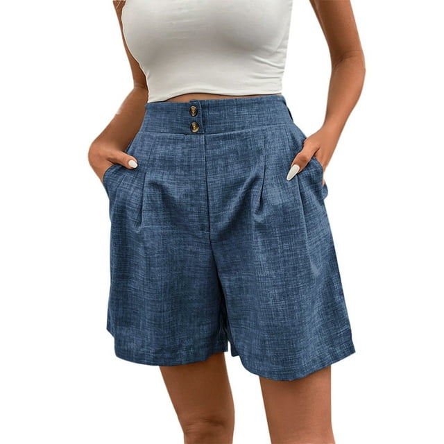 Womens Elastic Waist Wide Leg Shorts, Ruffled Solid Work Shorts with Pockets, Button Front Design for Trendy Look