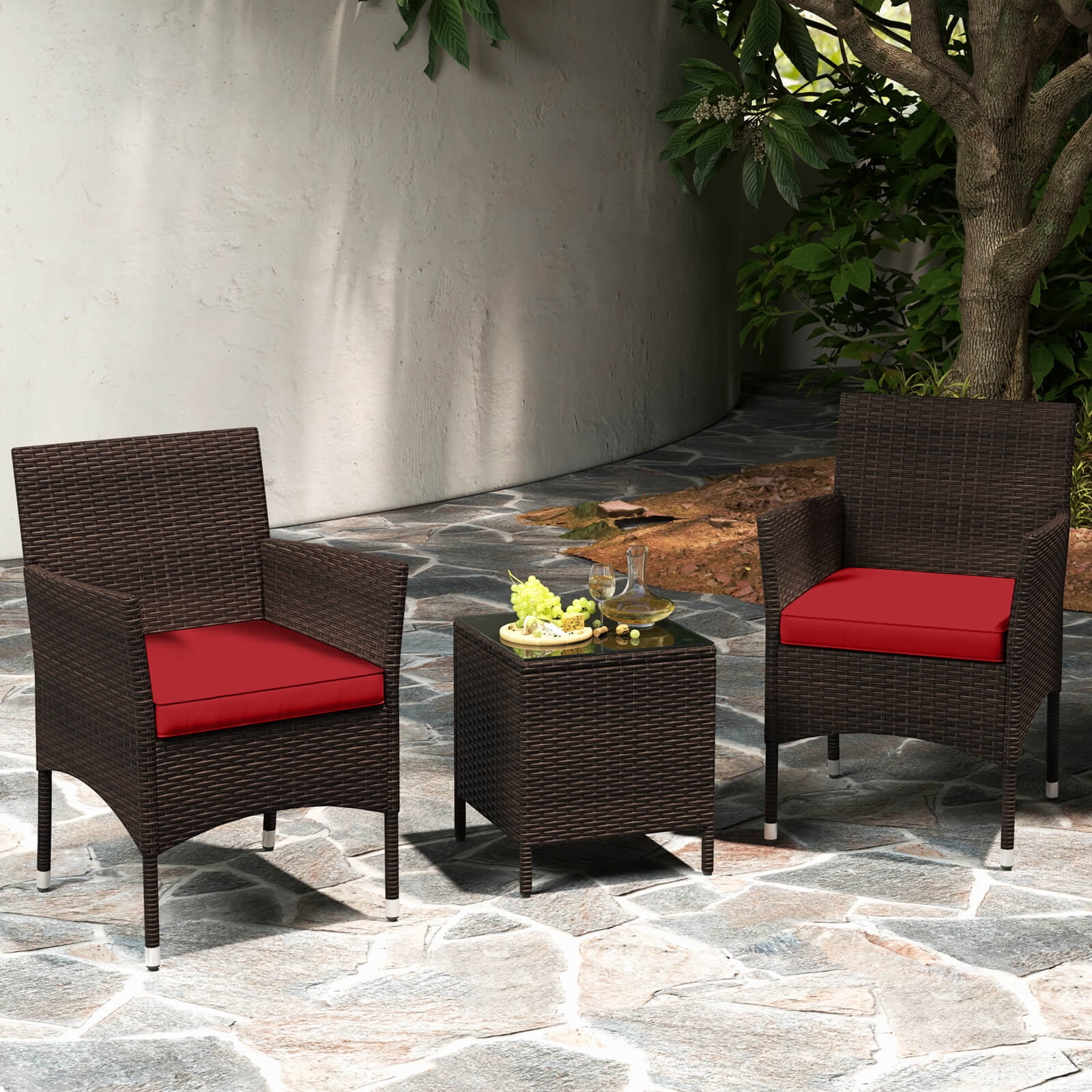 Costway 3PCS Patio Rattan Furniture Set Cushioned Sofa Glass Tabletop Deck Red