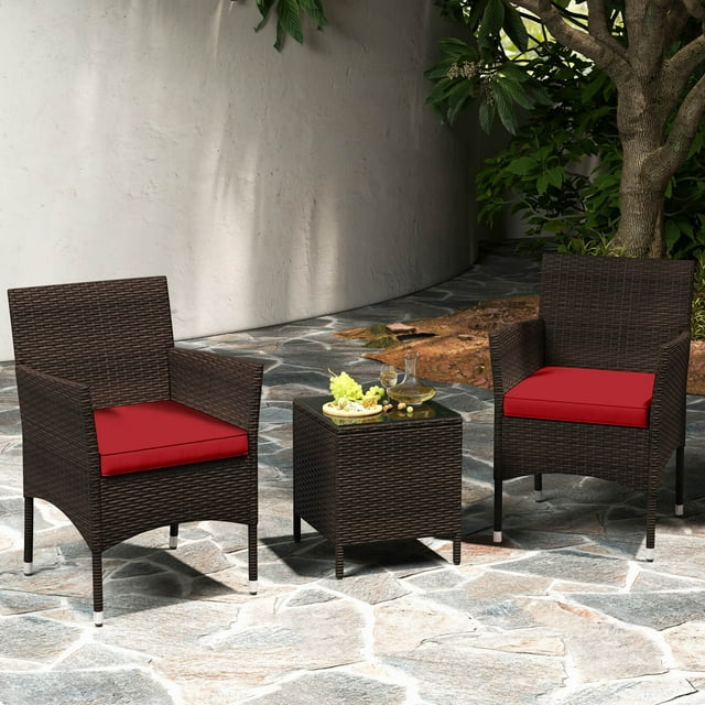 Costway 3 PCS Outdoor Conversation Set with Cushioned Seat & Tempered Glass Tabletop Red