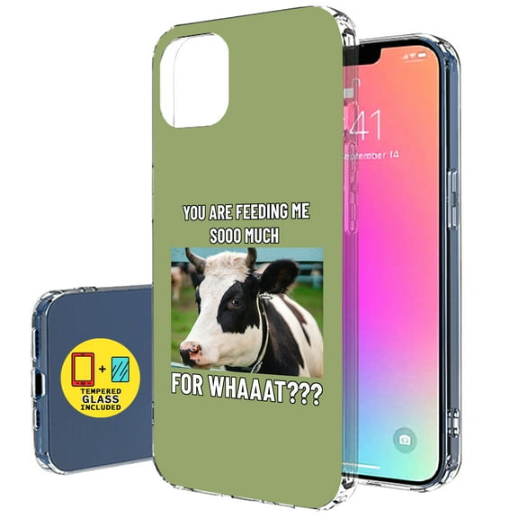 TalkingCase Slim Case for Apple iPhone 14, Thin Gel Tpu Cover With Tempered Glass Screen Protector, Funny Meme Cow Print, Light Weight, Flexible, Soft, Anti-Scratch, Printed in USA