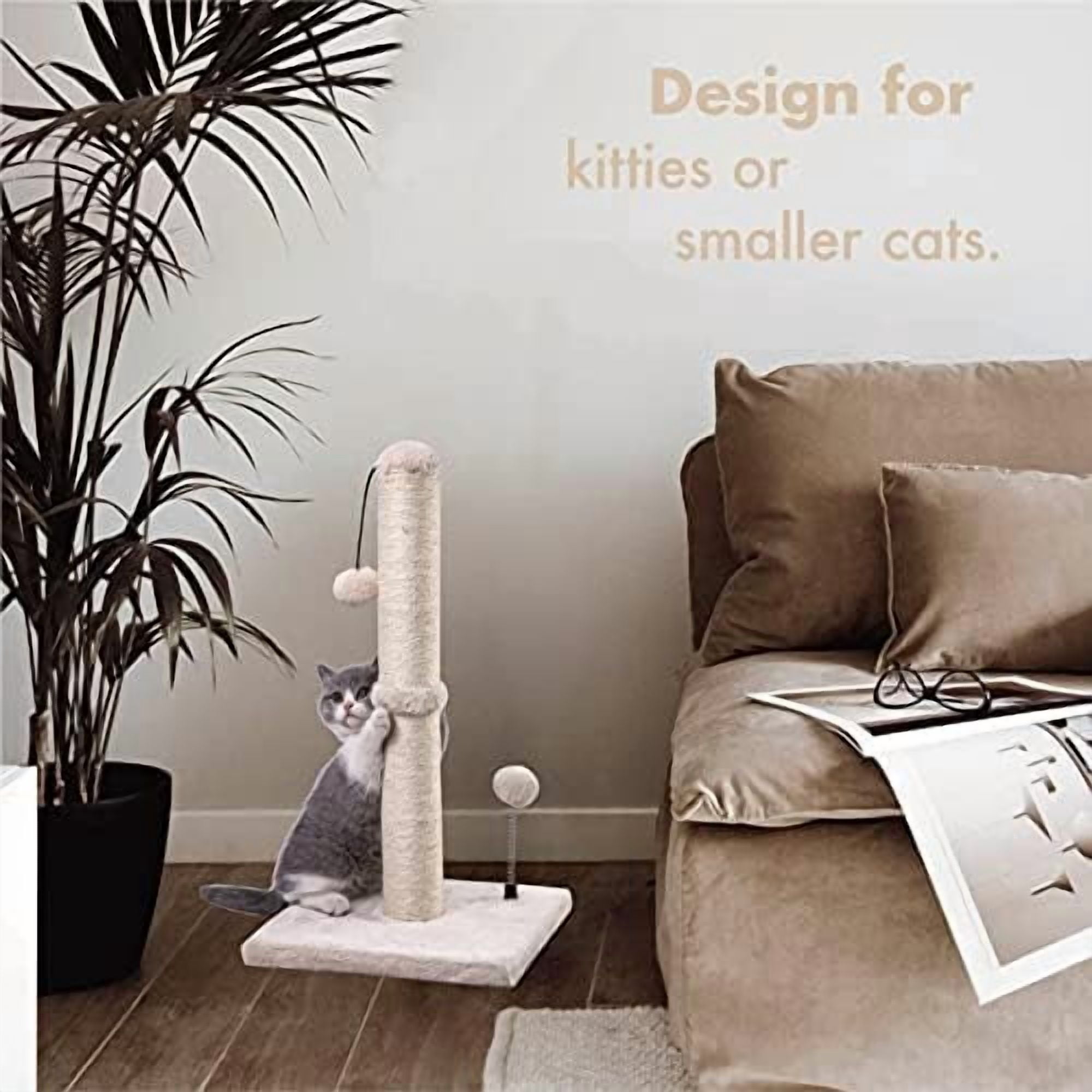 Cat Scratching Post Premium Basics Kitten Scratcher Sisal Scratch Posts with Hanging Ball 22in for Kittens or Smaller Cats (22 inches for Kitten, Beige) (Pack of 2)