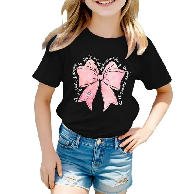 HNMKIU Hauts Élégants pour Filles Manches Courtes Col Rond T-Shirt pour Activités Décontractées Quotidiennes École Extérieures