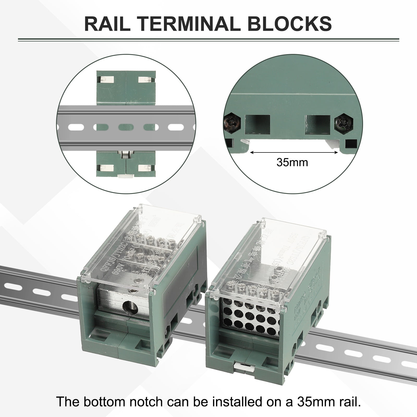 Uxcell 2 in 12 Out Rail Terminal Blocks, 690V 300A Connectors Power Distribution Block with Flame-Retardant Housing 1.42In Width