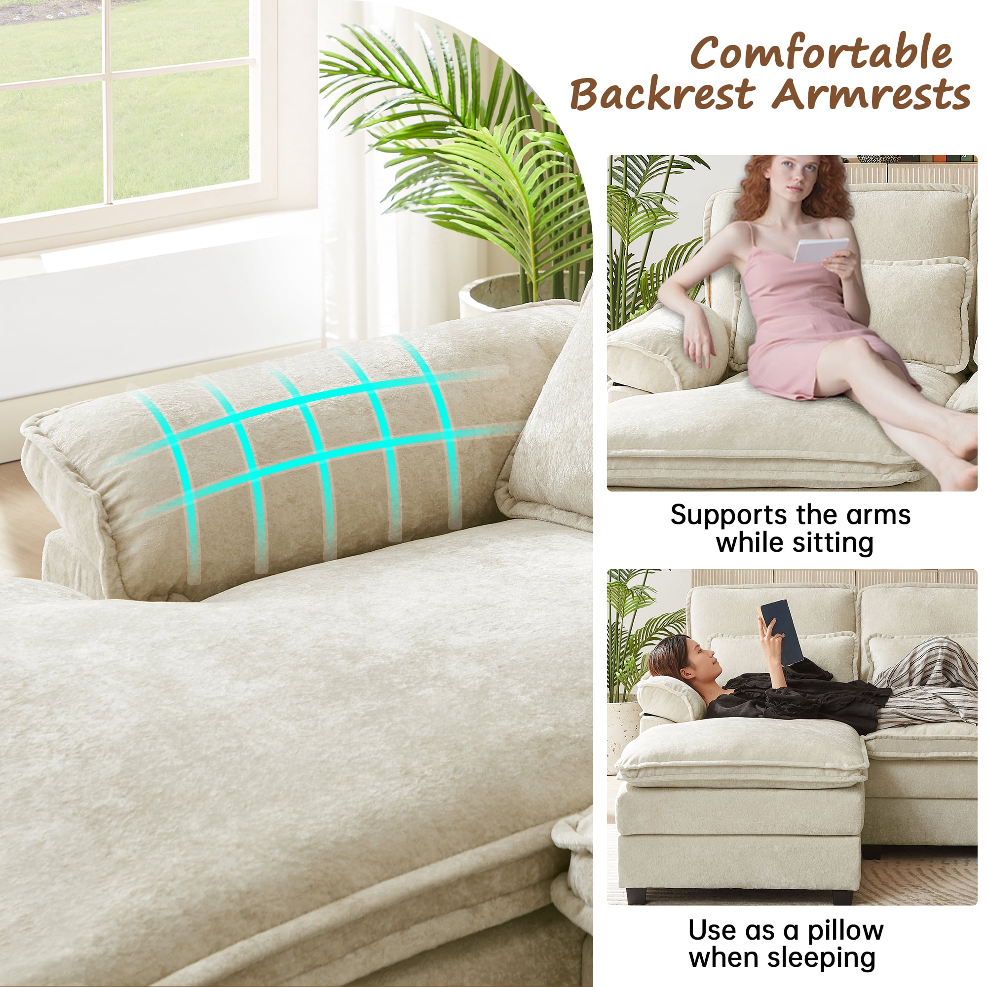 Pingliang Home Oversized Sectional Sofa U Shaped Couch 4 Seat with 4 Waist Pillows,Chenille Upholstery Symmetrical Sleeper Sofa Cloud Couch with Double Chaise Lounge for Living Room Apartment Office