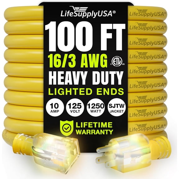 100ft Outdoor/Indoor Extension Cord 16/3 Gauge Heavy Duty 3 Prong SJTW, Waterproof, ETL Listed, Flexible Cold-Resistant Long Power Cord,125 Amp 1250W, Yellow by LifeSupplyUSA