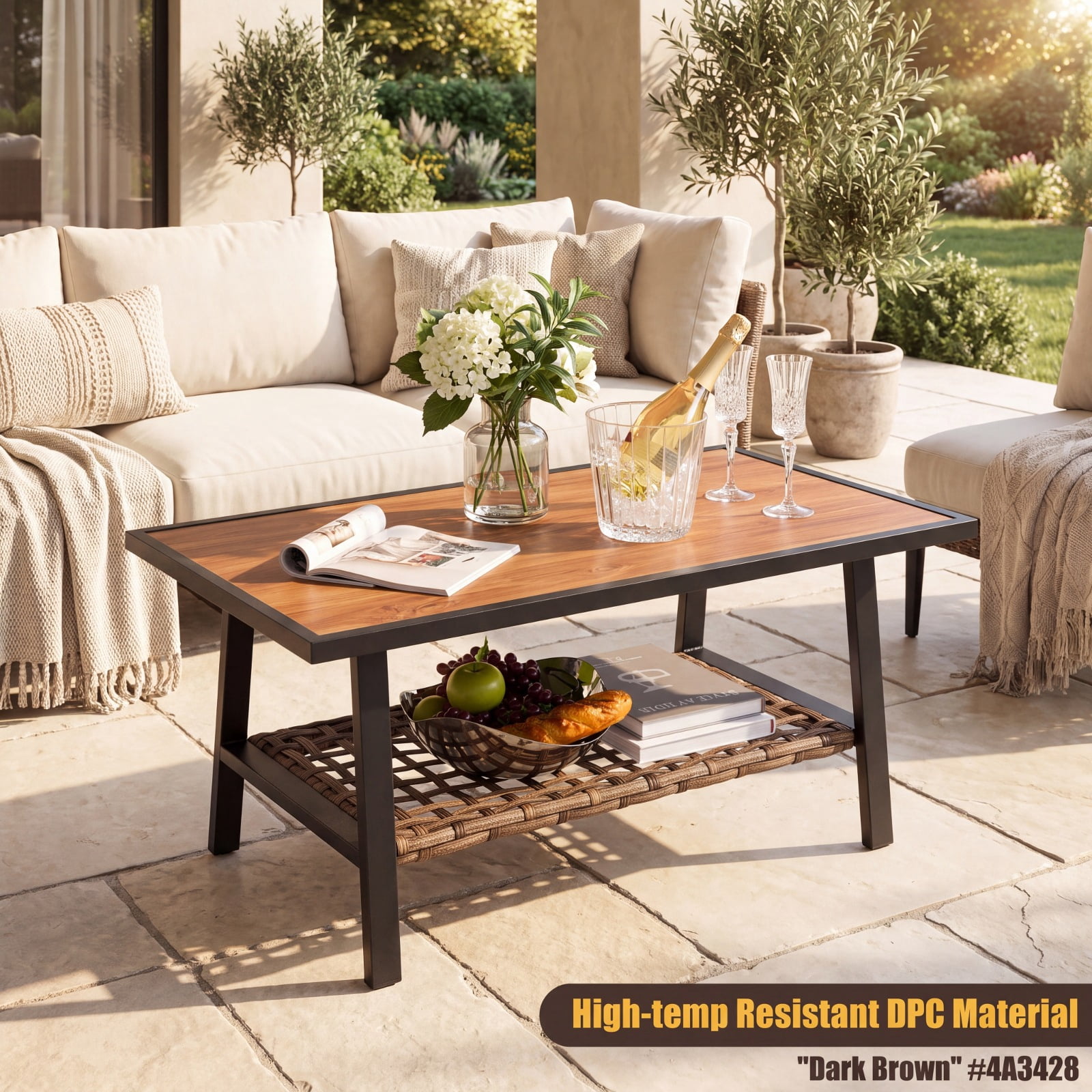 Furnibear 2 Piece Patio Rattan Coffee Table Set with Storage Shelf Quick Dry Cushioned Loveseat and Lumbar Pillows for Garden Backyard, Mix Brown
