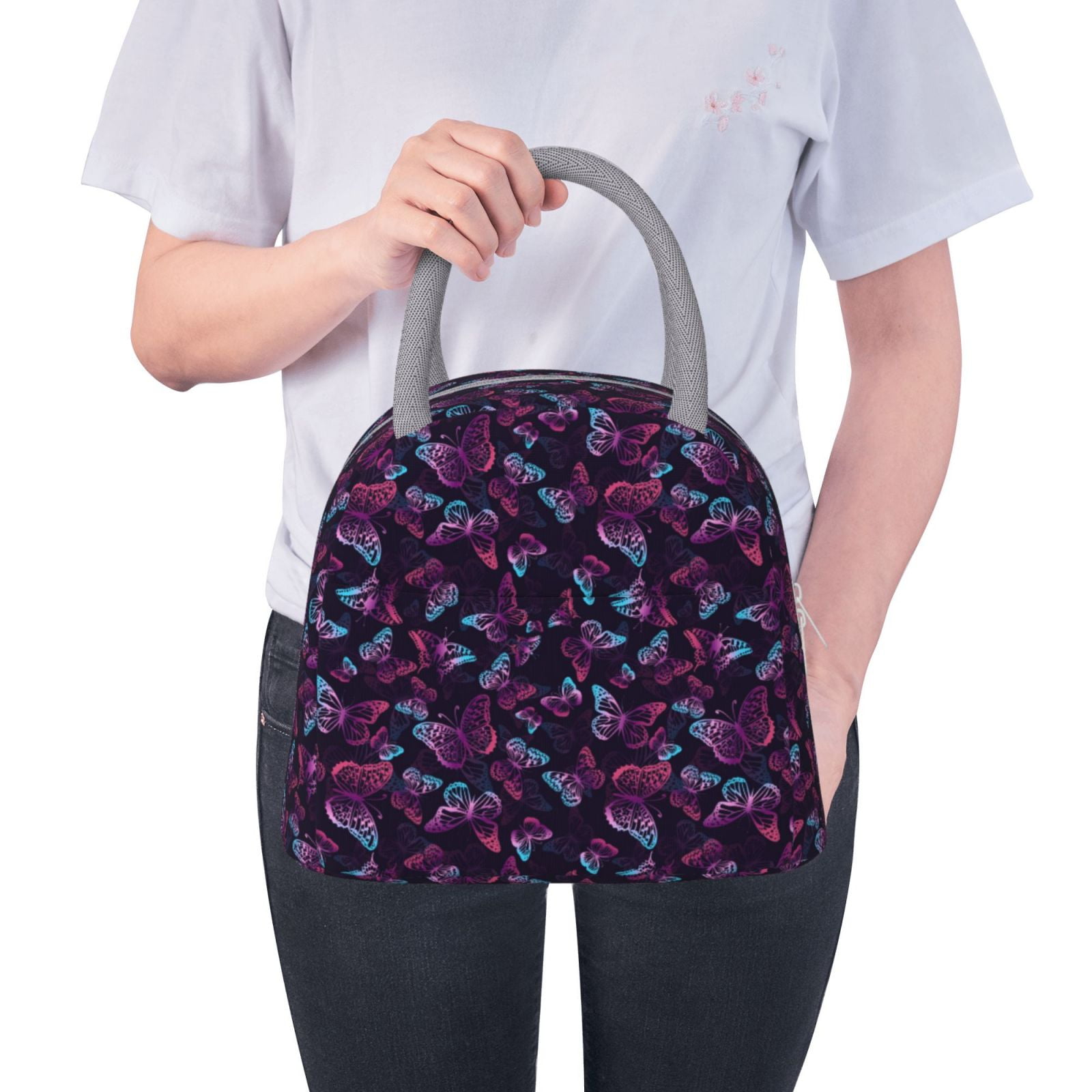 Horeoi Purple Butterfly Pattern Large Insulated Lunch Bag for Work, School, Picnic - Waterproof, Durable Oxford Cloth, Comfortable Handle-Light Grey