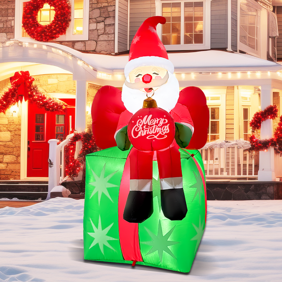 6 FT Christmas Inflatable Santa Sitting on Gift Box With Built-In LED Lights for Xmas Holiday Party