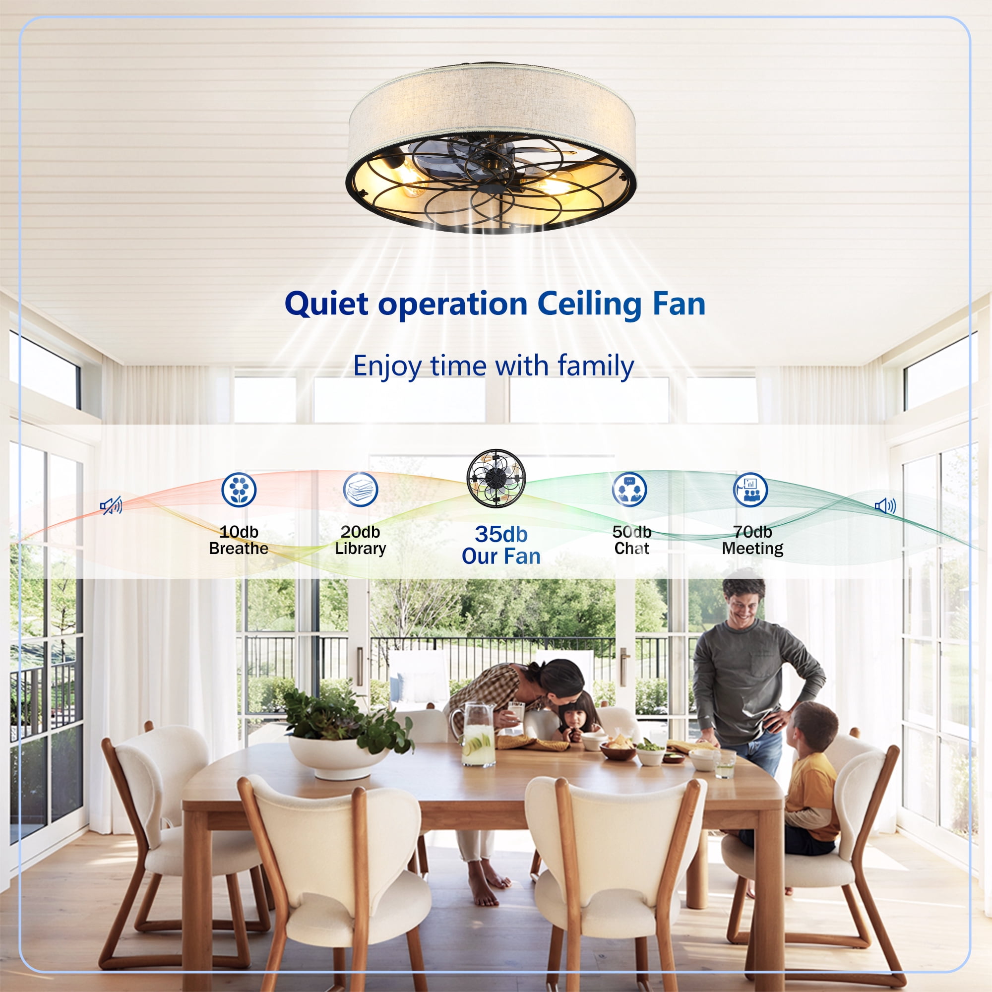 Leumius 20" Fabric Farmhouse Ceiling Fan with Light and Remote Control,Low Profile Modern Enclosed Ceiling Fans with Reversible Motor for Living Room,Bedroom,Kitchen (NOT Included Bulbs)