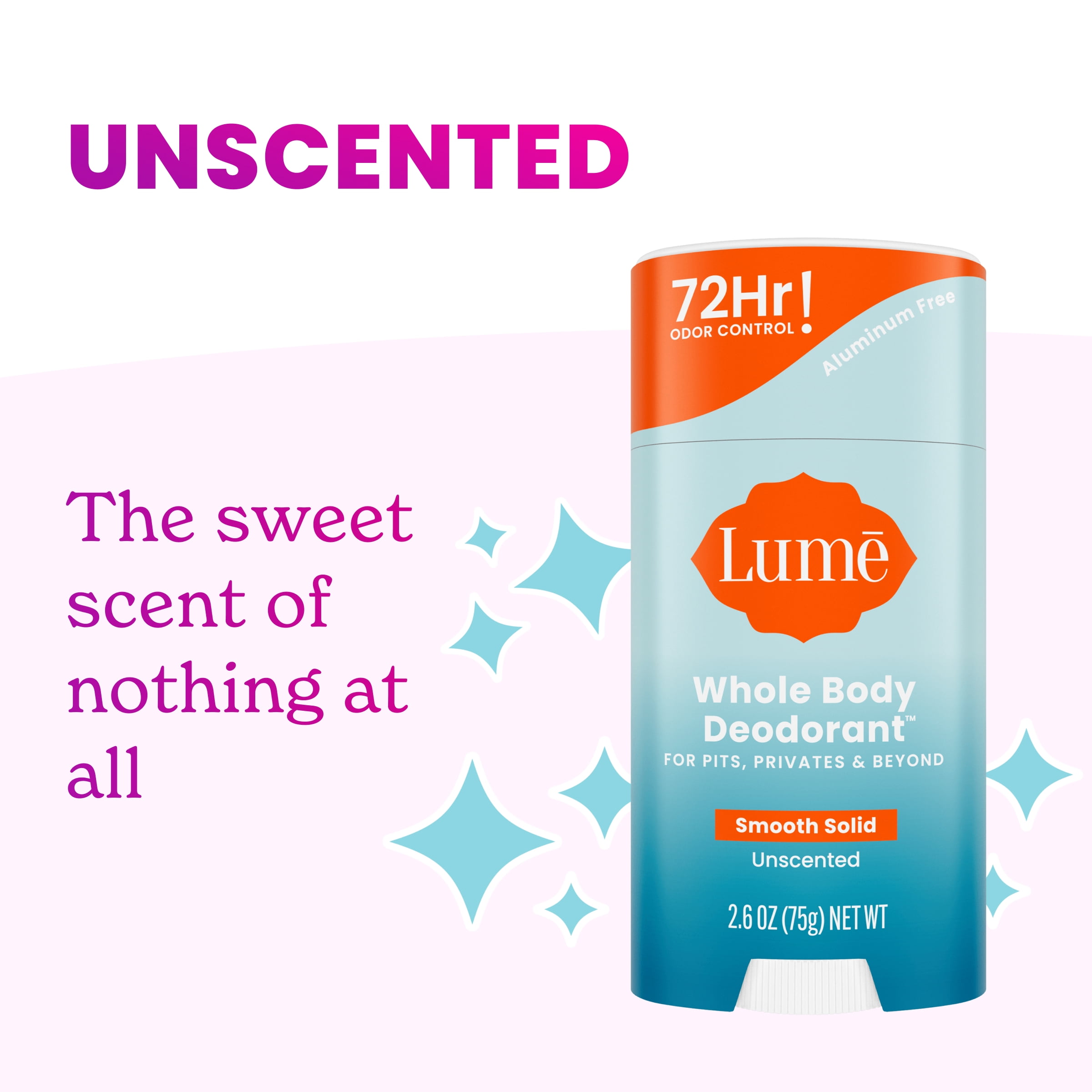 Lume Whole Body Deodorant Solid Stick - 72 Hour Odor Control - Aluminum Free, Baking Soda Free and Skin Safe - Unscented, 2.6oz (2 Pack)