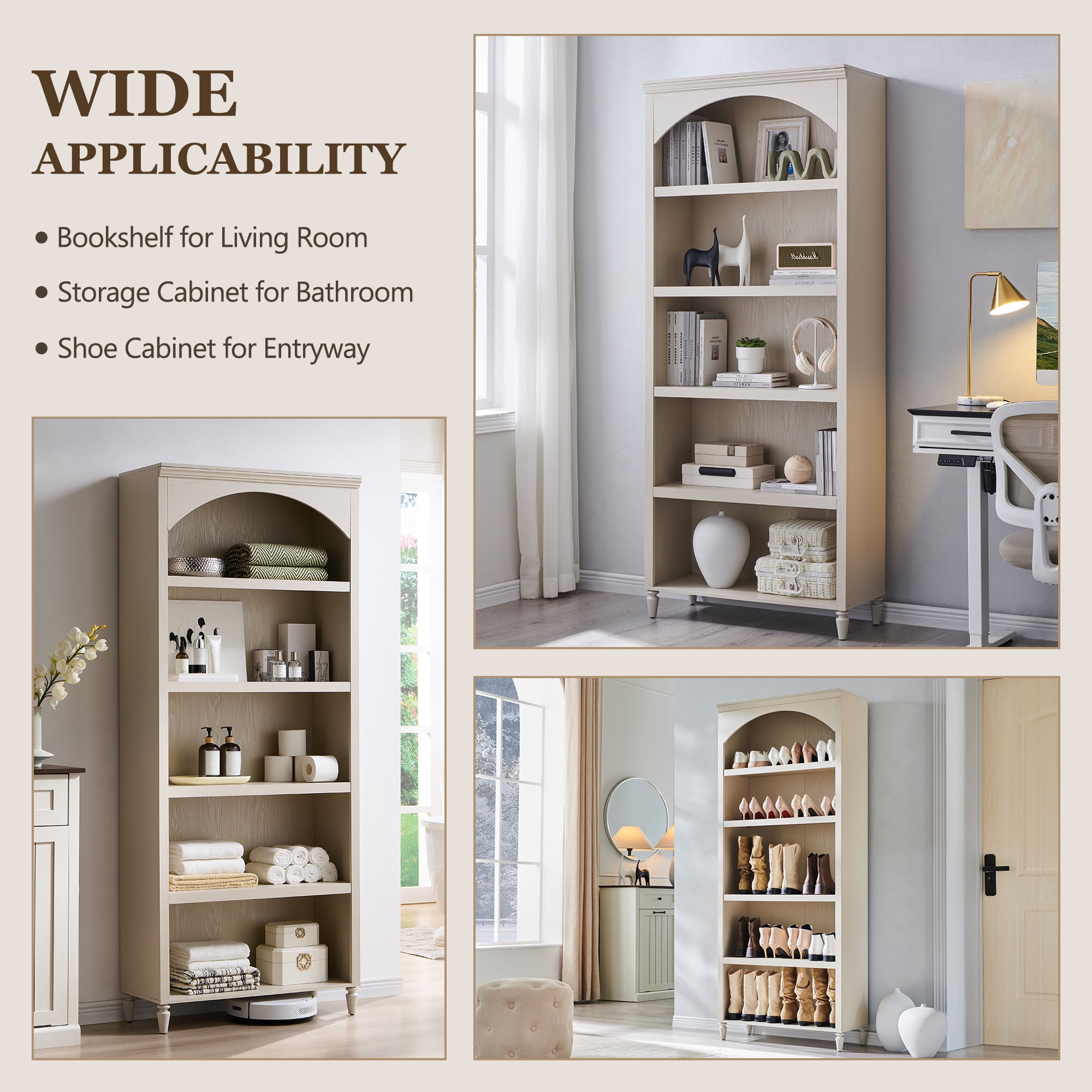 SinCiDo Tall Arched Bathroom Storage Cabinet with Adjustable Shelves, 5-Tier Bathroom Cabinet for Bathroom, Kitchen, Living Room, Cream