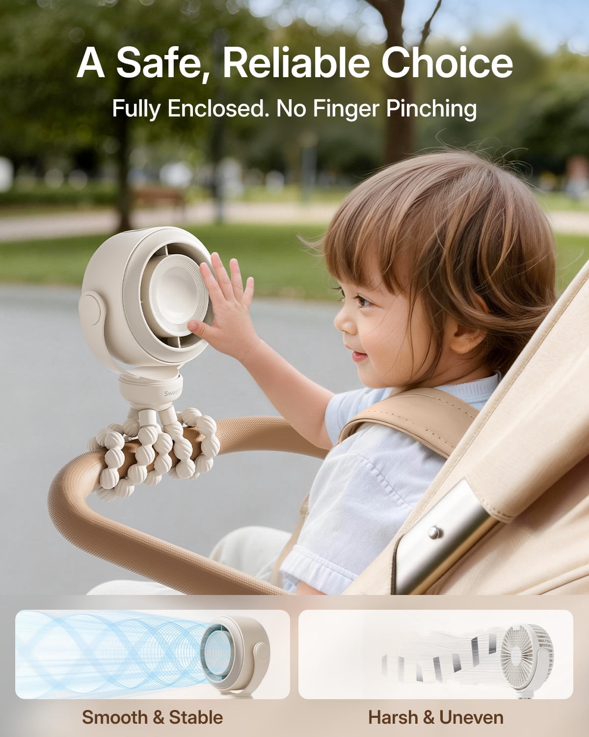 SWEETFULL Portable Stroller Fan, Pinch-Proof Baby Fan, 10H Battery, 5-Speed Quiet Mini Clip on Fan, USB-C Rechargeable with LED Display for Car Seat, Crib & Travel – Cream