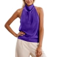 thumbnail image 2 of CUZIBR Tank Tops For Women Sleeveless Halter Neck Elegant Satin Camisole Solid Color Ruched Lightweight Layering Loose Fit Casual Stilish Backless Shirt Summer Party Beach Stylish Cami,Dark Purple,M, 2 of 4