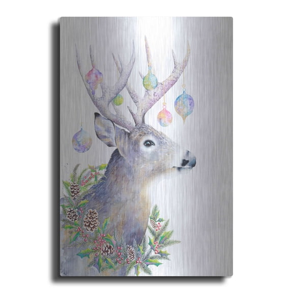 Luxe Metal Art 'Holiday Deer' by Michelle Faber, Metal Wall Art, 12"x16"