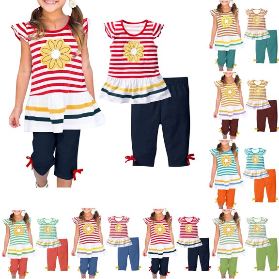 Girls Summer Outfits Summer Floral Ruffle Sleeve Top with Elastic Waist 7/8 Pants Set Baby Girl Clothes Watermelon Red 9-10 Years