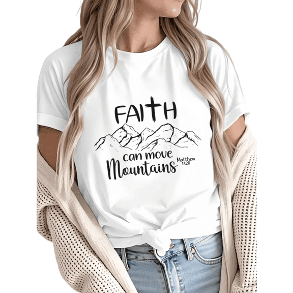 Giffimy Women Faith Can Move Mountains Matthew 17:20 Christian Graphic Short Sleeve T-Shirt Casual Cotton Crewneck Top