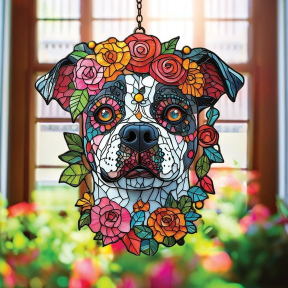Dog Dia De Los Muertos Acrylic Window Hanging - Colorful Day Of The Dead Faux Stained Glass Suncatcher, Vibrant Garden Decor Gift