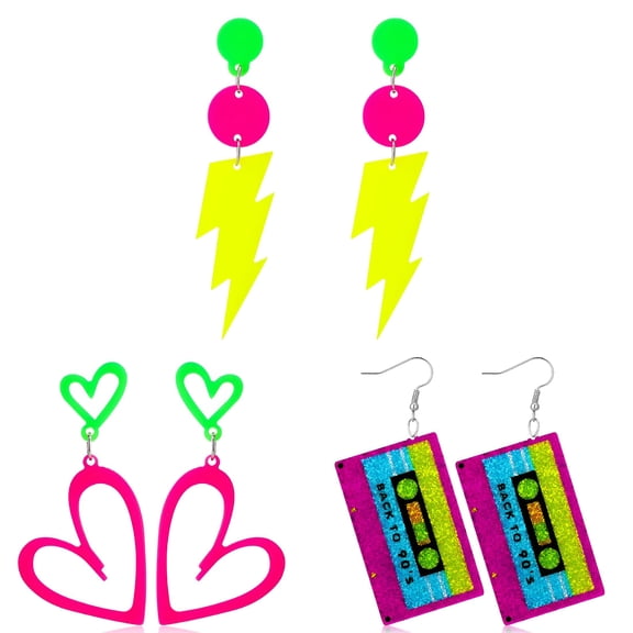 DESIGNICE 3 Pairs 80S Retro Earrings for Women,Exaggerated Neon Earring Accessories,80S 90S Vintage Costume Outfits for Glow Party,Halloween and Themed Events