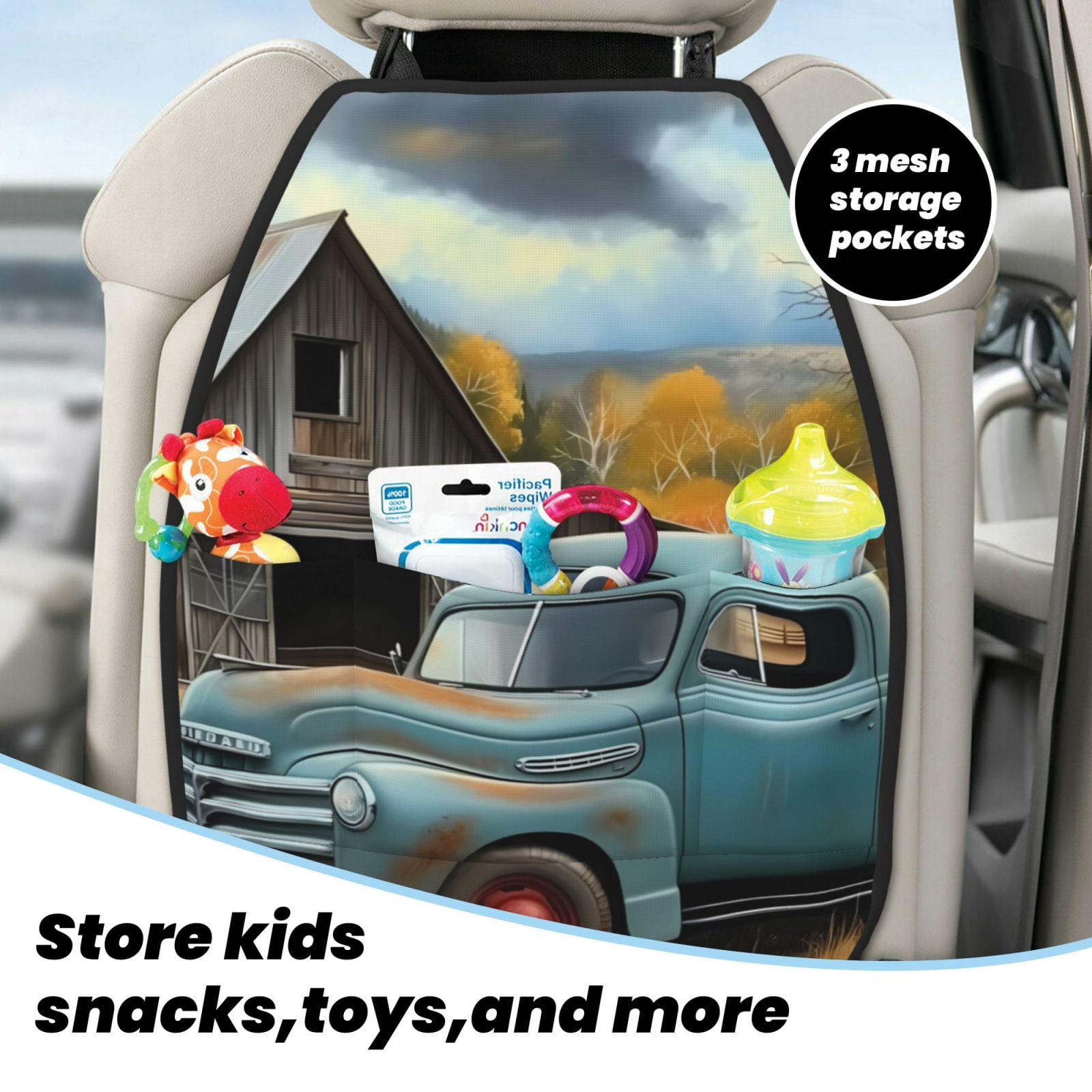 Kdxio Vintage Truck Farm Scene Print 2 Pack Car Kick Mat Seat Cover Back Protector Mat with Pockets for Organizer Backseat Protector and Storage Anti Kick Pad for Vehicles