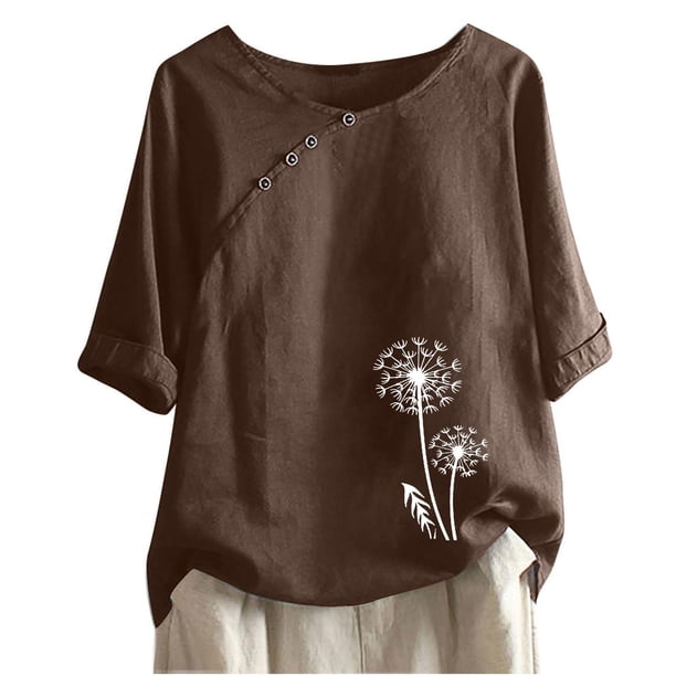 Blusas de Manga Corta para las Mujeres Impresas Cuello Redondo Camiseta Casual, Blusa de Algodón de Imitación para las Mujeres