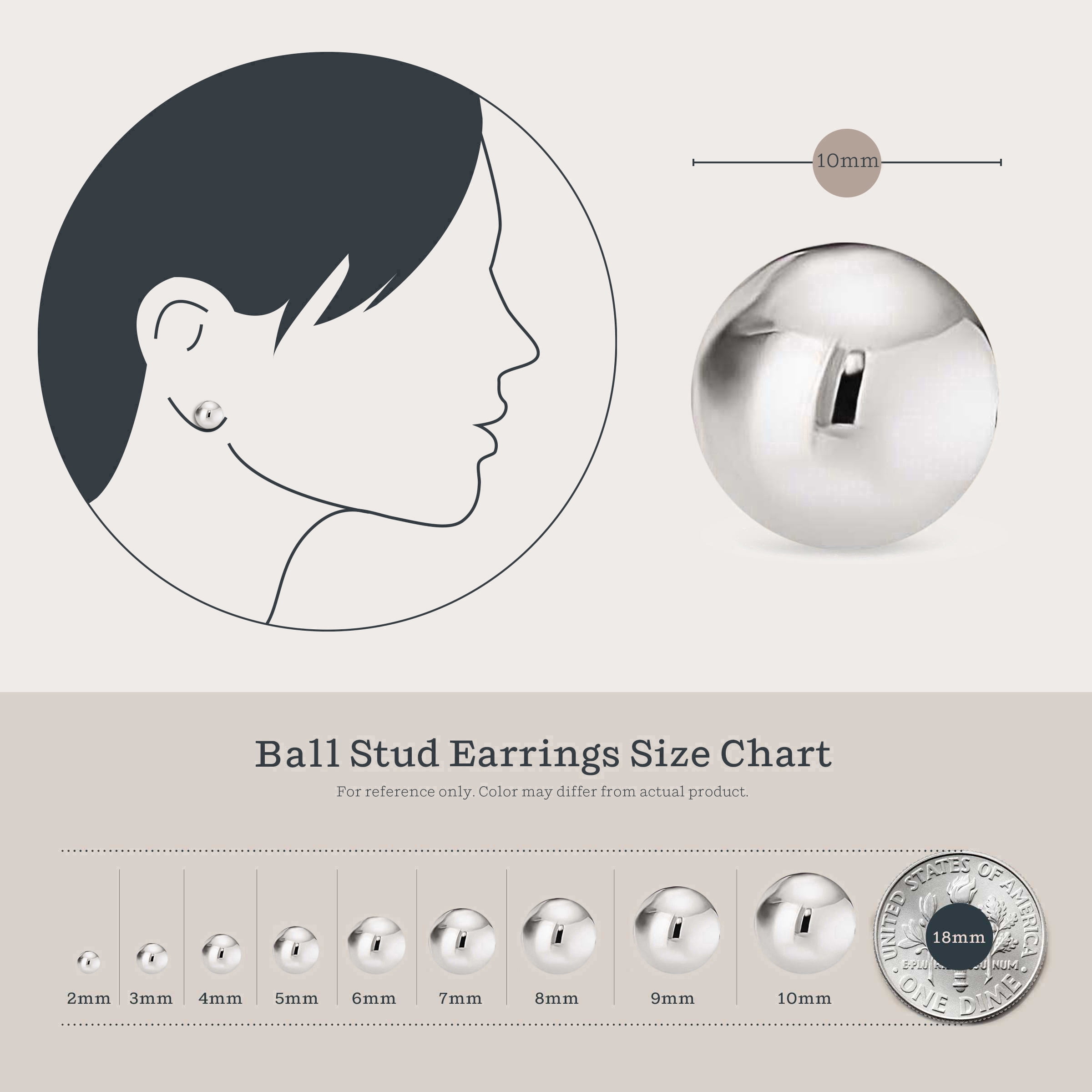 Kezef Ball Stud Earrings Silver Sterling Polished Round Ball 10mm Hypoallergenic